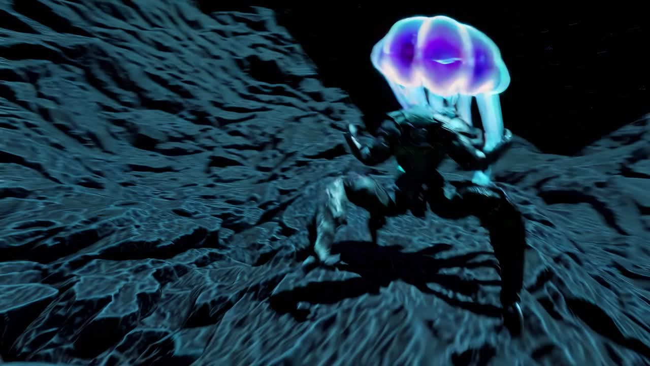 Alien Creature on a Rocky Moon Landscape with Glowing Jellyfish