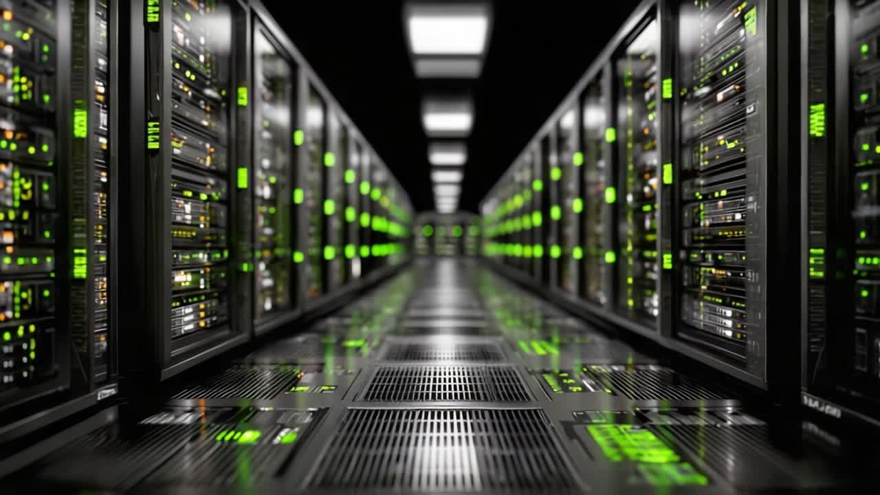 Esplorando l'Interno di un Data Center All'Avanguardia: Un Tour Virtuale Attraverso File di Server ad Alte Prestazioni e Tecnologia Moderna, Evidenziando Soluzioni di Rete Avanzate