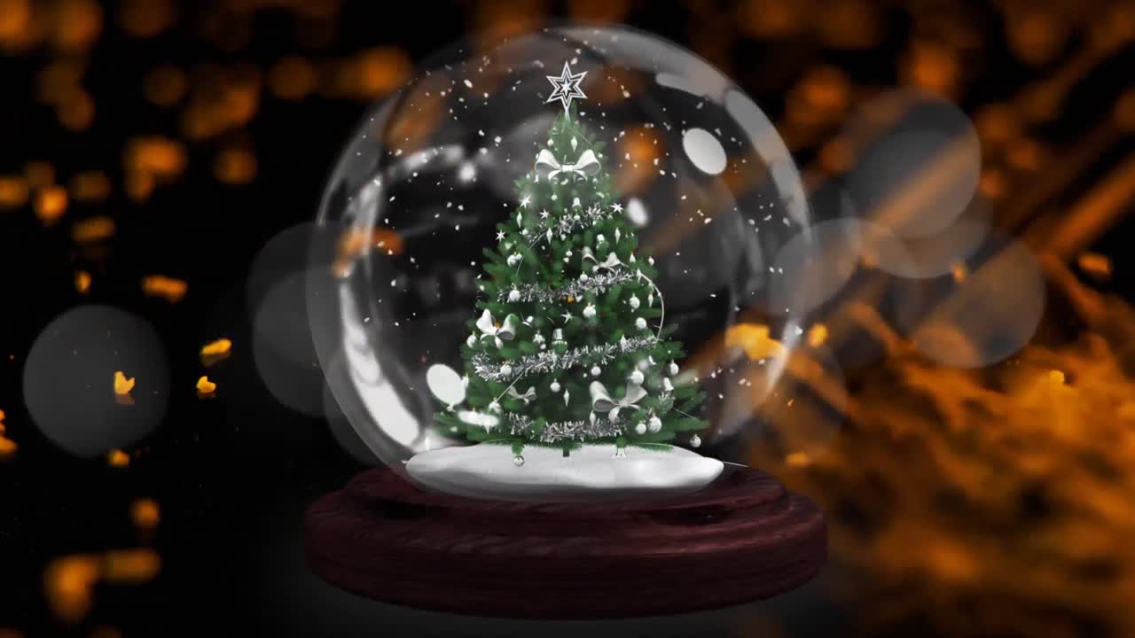 estrella fugaz alrededor del árbol de navidad en un globo de nieve sobre naranja cayendo contra un fondo negro