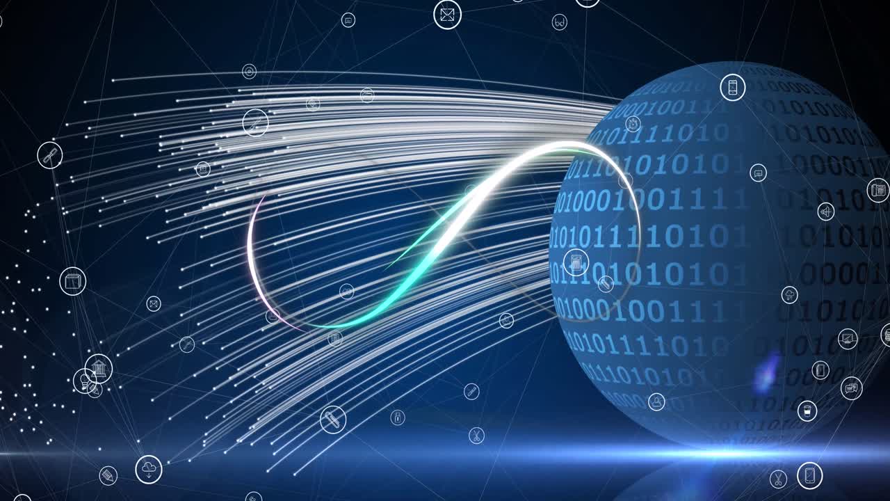 Animation of neon shape over icons and globe