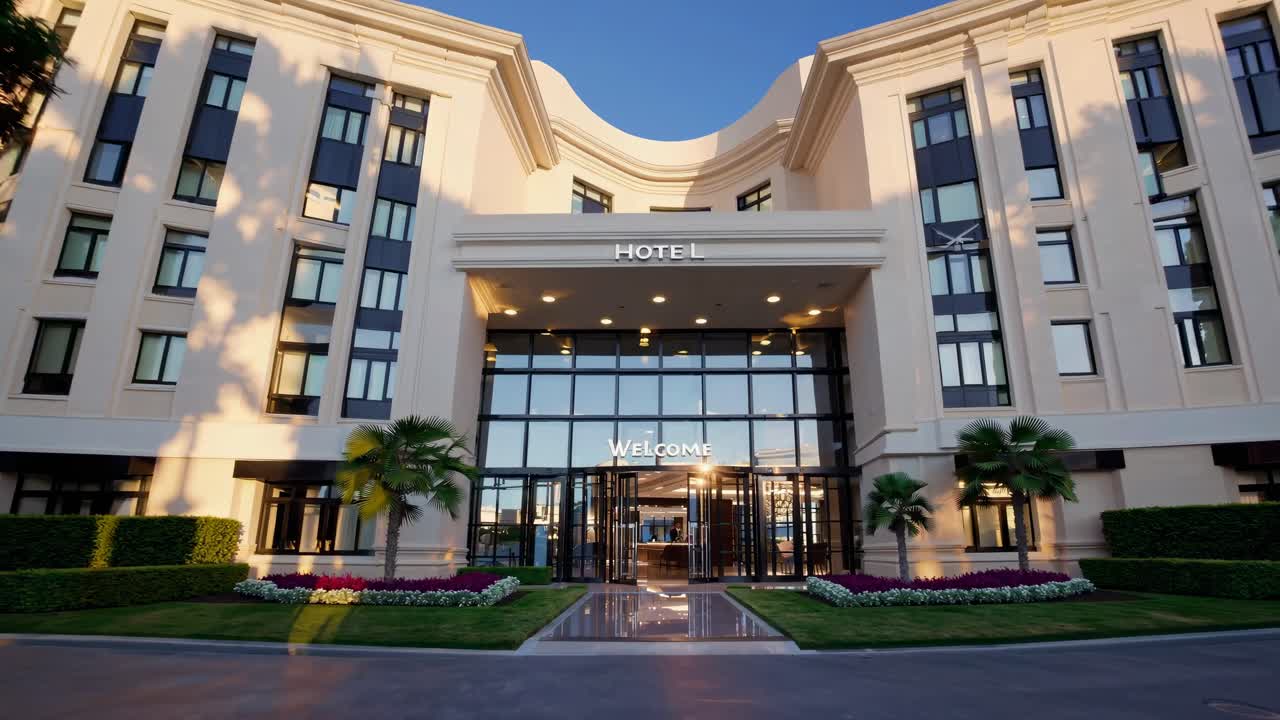 Wide-angle video shot of a luxurious hotel entrance, showcasing grand architecture, lush