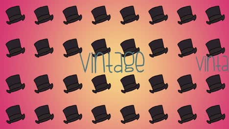 animation of vintage text in blue over repeated top hats on orange background