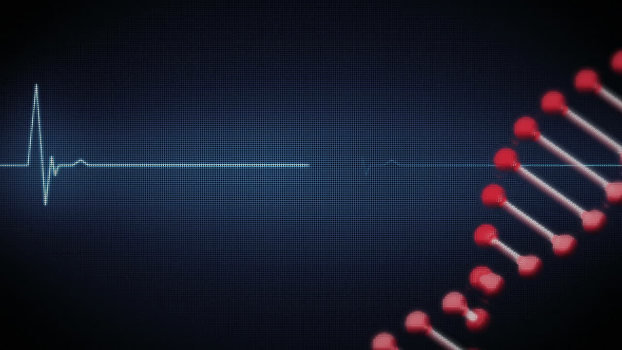 배경에는 심장 박동 모니터 스캔과 함께 회전하는 dna 가닥의 애니메이션