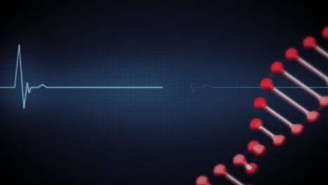 animación de una cadena de adn girando con el escaneo del monitor de ritmo cardíaco en el fondo