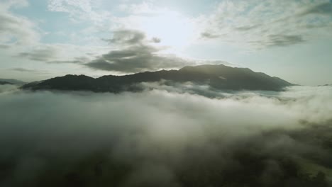 flight over the mist in the sunset time, costa rica. tilt up drone shot