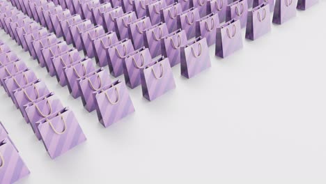 ilustración de gráficos en movimiento 3d de bolsas de compras púrpuras que se desplazan sobre un fondo blanco