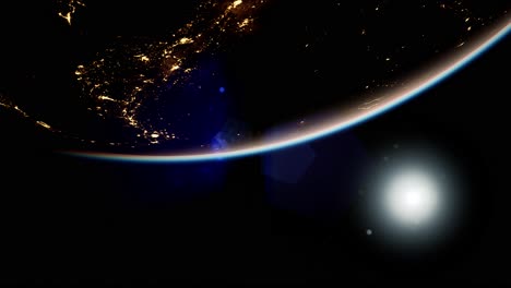 Espacio,-Sol-Y-Planeta-Tierra-En-La-Noche