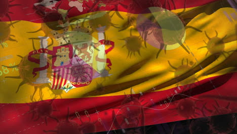 macro corona virus spreading with spanish flag billowing in the background