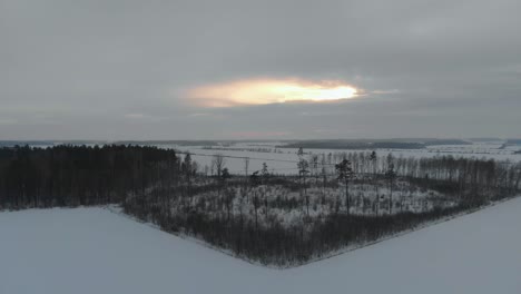 Schneeweiße-Winterlandschaft-In-Nordeuropa,-Luftdrohne,-Die-Rückwärts-über-Dem-Park-Fliegt,-Zeigt-Ein-Erstaunliches-Panorama,-Dolly-Out,-Bewölkt