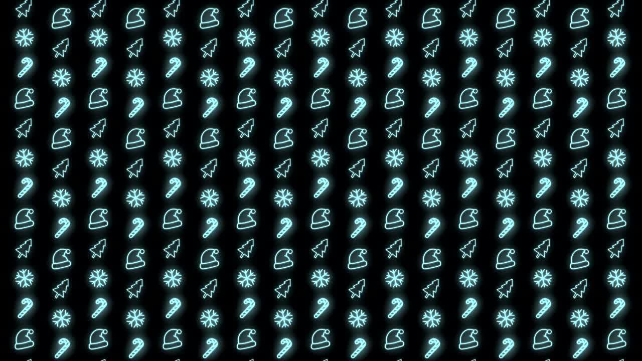 fondo de patrón de navidad de neón de árbol de navidad, copo de nieve, sombrero de santa y bastón de caramelo en animación de bucle cian y negro