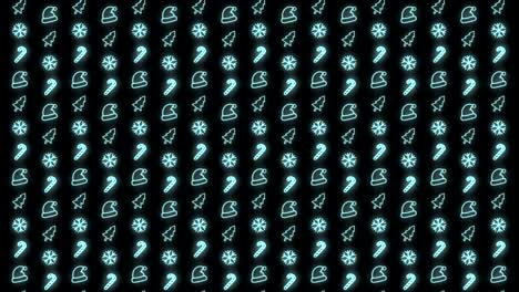 Neon Christmas Pattern Background of Christmas Tree, Snowflake, Santa Hat and Candy Cane in Cyan and Black Looping animation