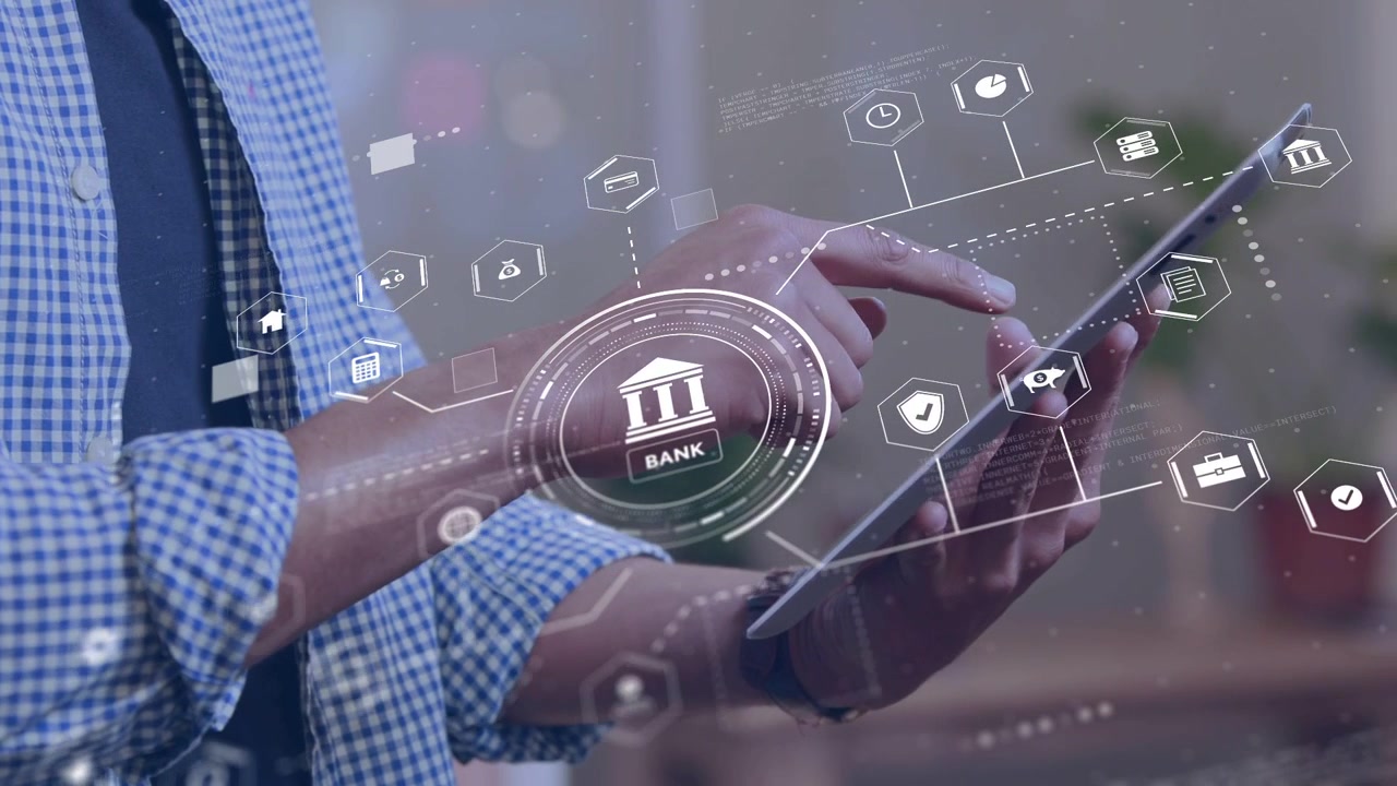 Tablet held left, right finger tapping and swiping, bank HUD expanding into icons for navigation