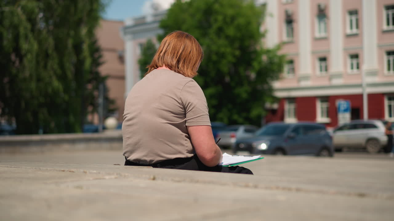 Back view of woman sitting on urban street under sunlight, cars parked and moving in background near pastel buildings, hair gently swaying in breeze