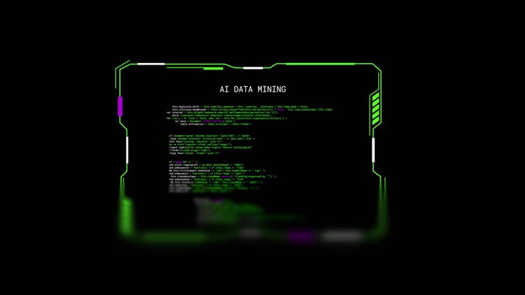 Animation of interface with ai data mining text, processing on black background