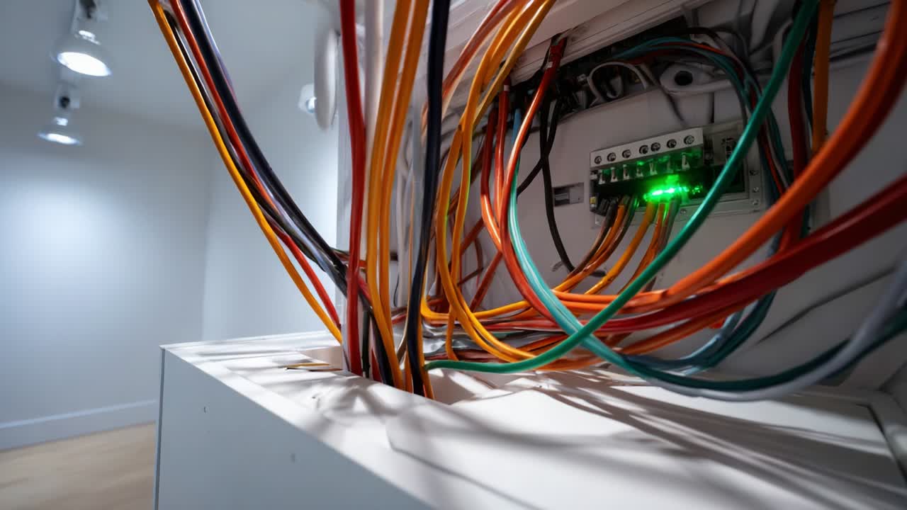 Detailed Close-Up of Vibrantly Colored Electrical Wiring and Circuit Breaker Setup in a Modern Interior Space, Showcasing Complex Connections and Light Indicators
