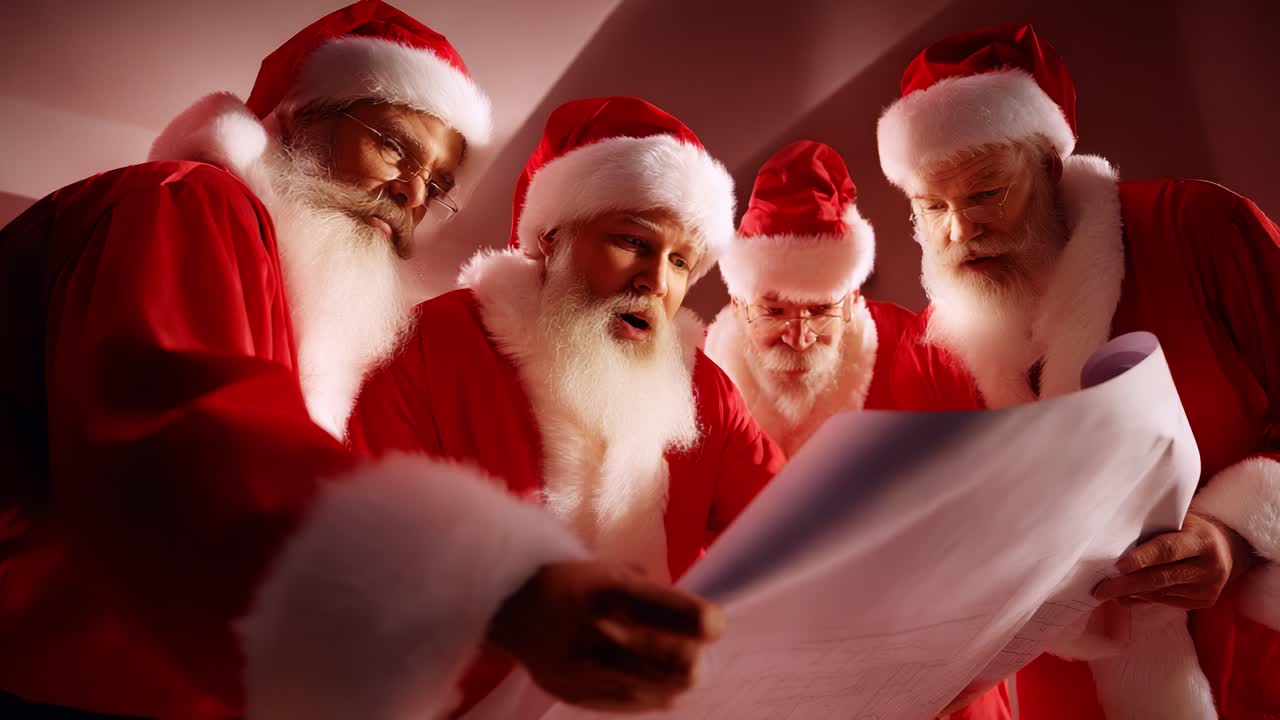 A group of Santa Clauses together examining a large plan, deep in discussion, embodying the holiday spirit, showcasing teamwork and excitement as they prepare for Christmas season festivities ahead