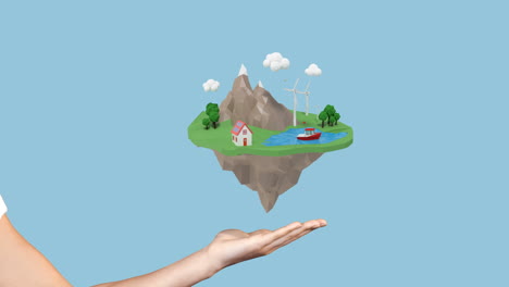 hand showing aircraft traveling around the floating island