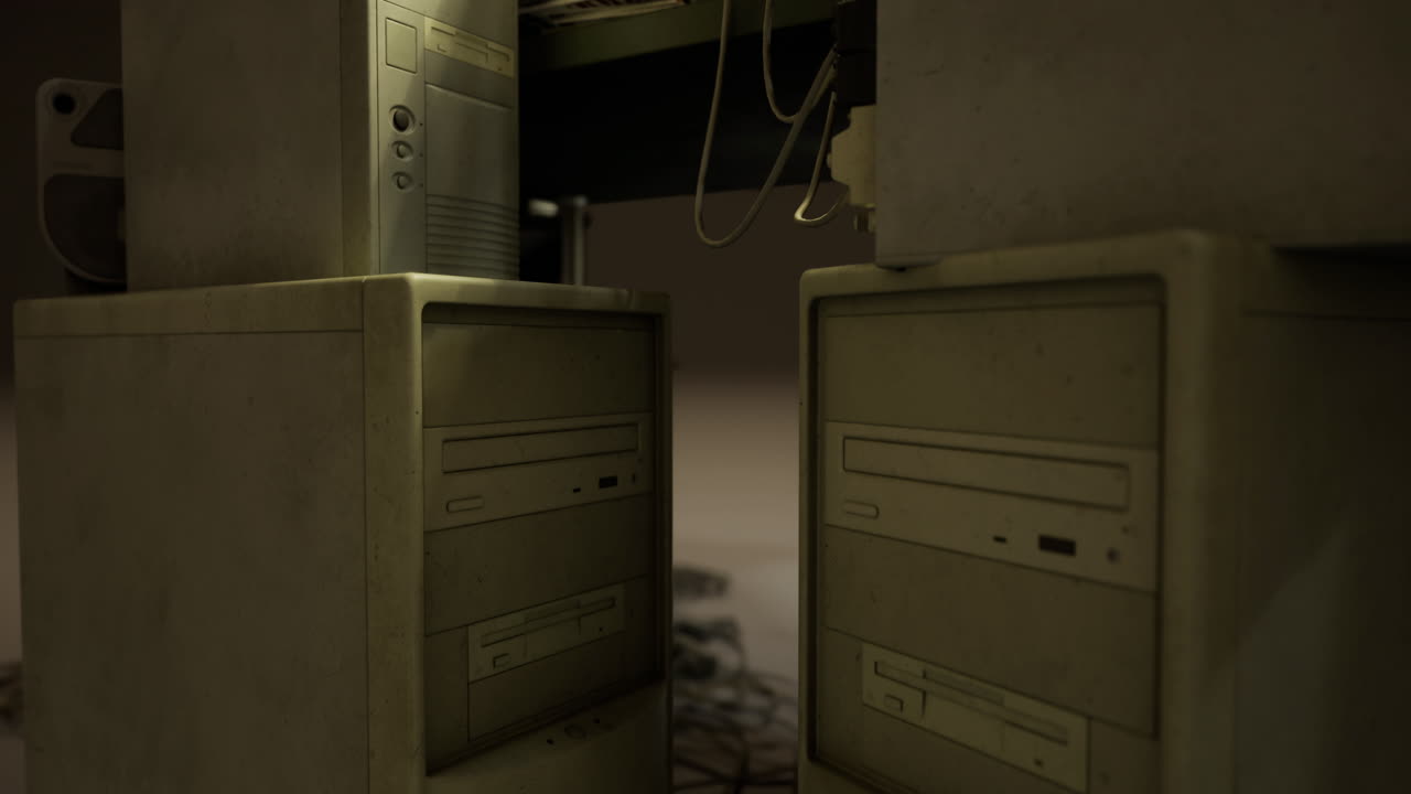 Computers in a dimly lit room showing wear and age from extended use