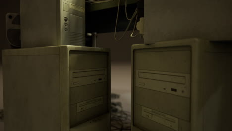 computers in a dimly lit room showing wear and age from extended use
