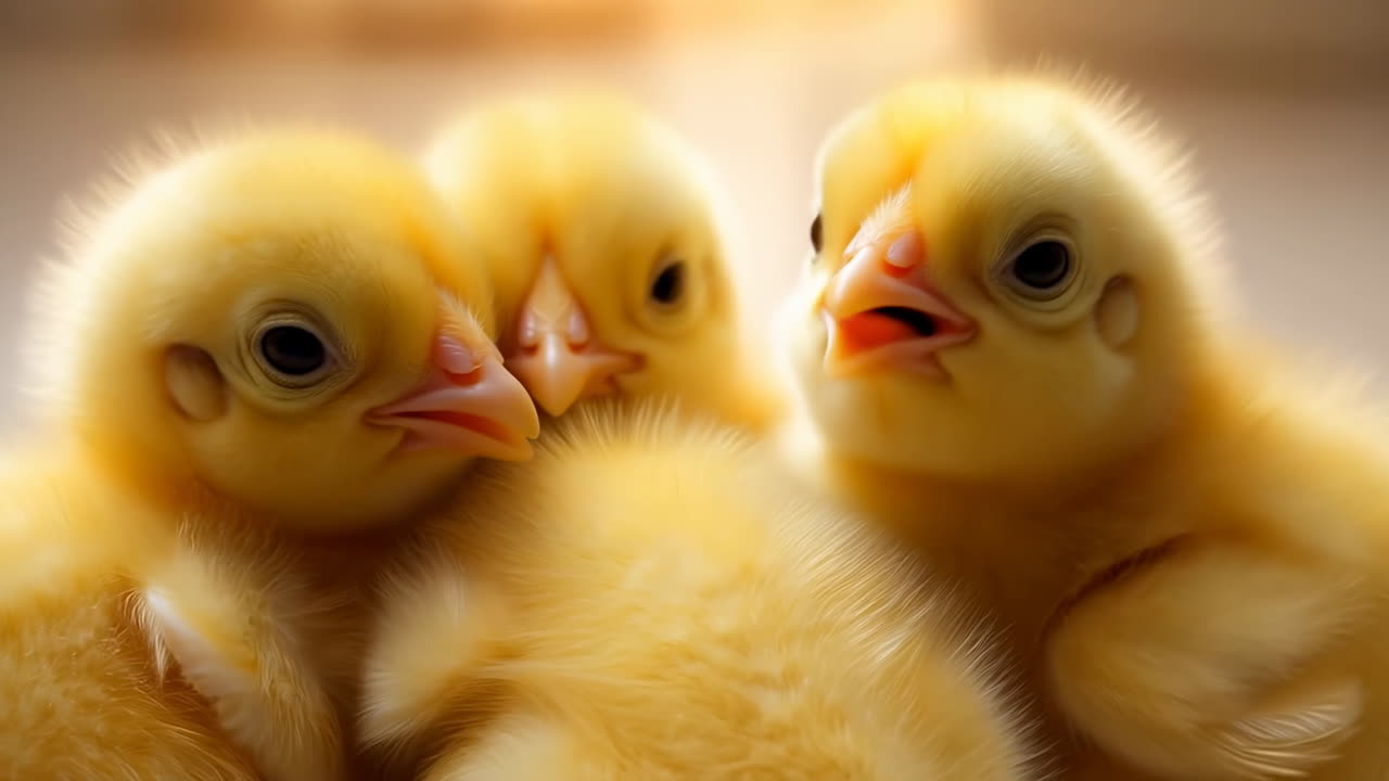 Gelbe Küken kuscheln sich in Wärme, weiche flaumige Federn, helle Schnäbel, sanftes goldenes Leuchten, geringe Tiefenschärfe