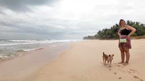 woman tourist and local dog koggala beach sri lanka tropical paradise indian ocean