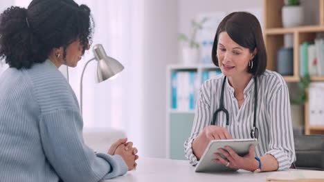 Mesa,-Atención-Médica-Y-Mujer-Consultando-Al-Médico