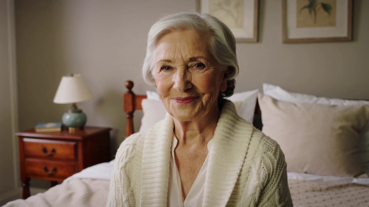 Donna anziana sorridente che risponde a un segnale fuori campo, chiudendo gli occhi sul letto, indossando un cardigan e con una lampada.