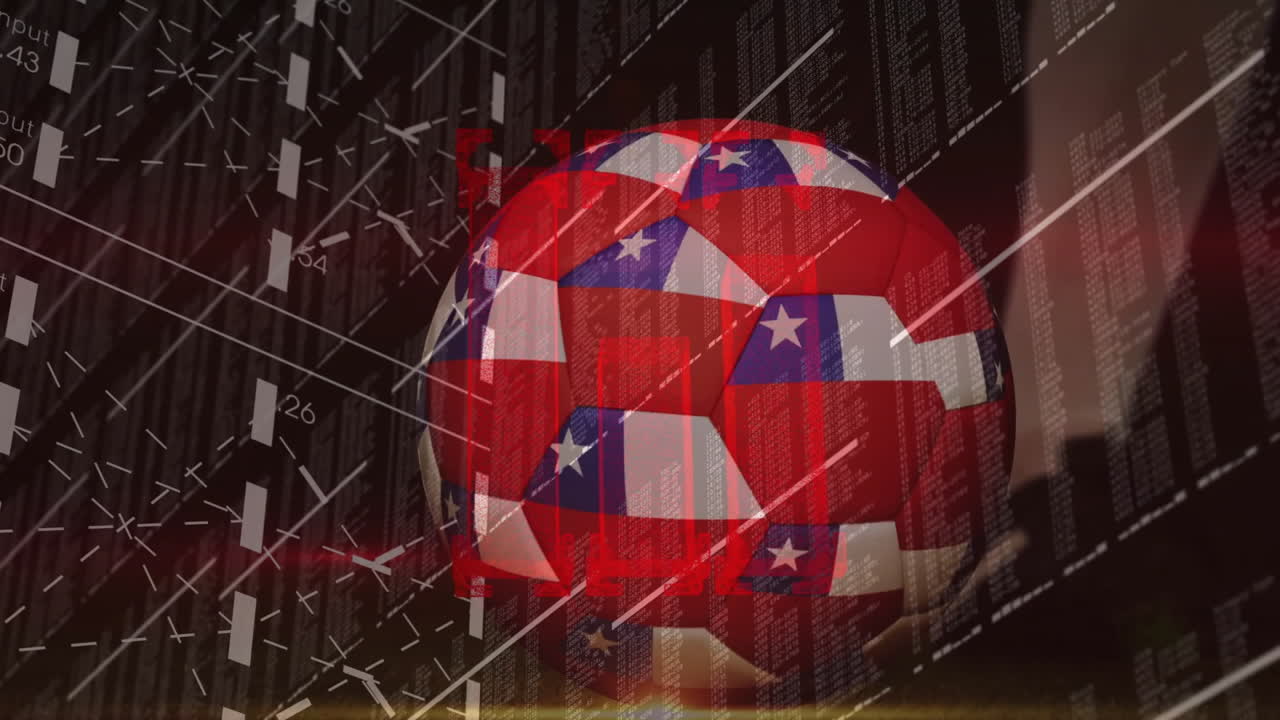 American flag pattern on soccer ball over financial data and graphs animation