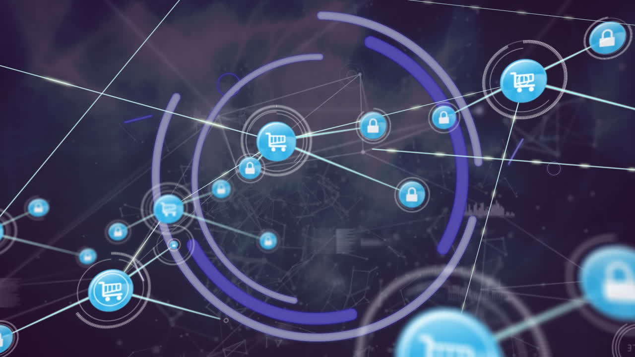 animación de iconos de candados y carritos de compras que se conectan con líneas en un fondo abstracto.