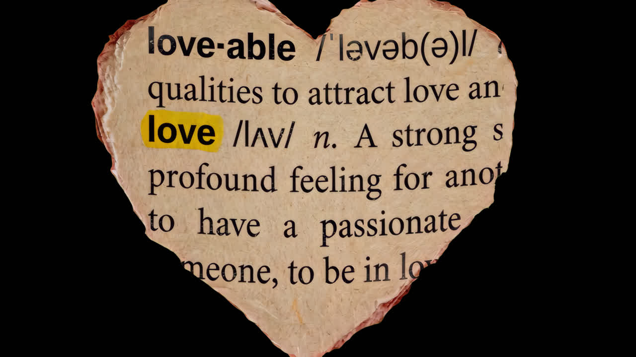 Heart-shaped love dictionary cutout animated overlay, transparent 4K video, alpha channel, ProRes