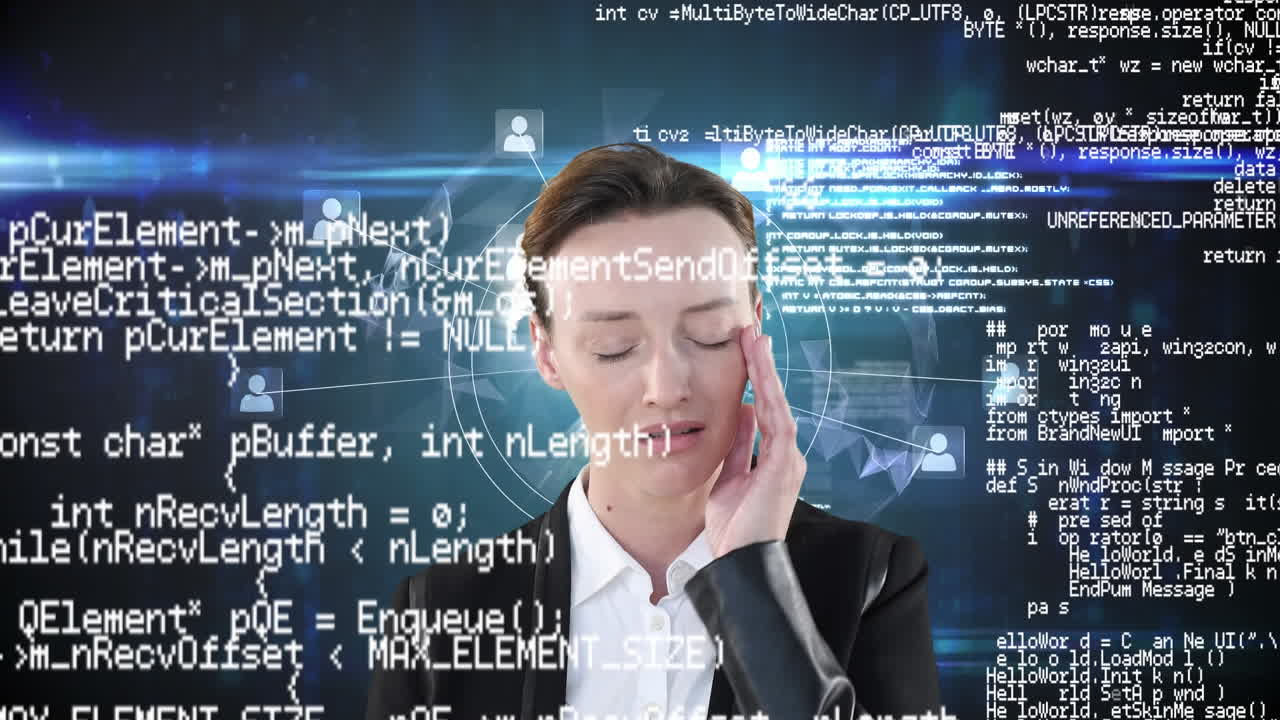 백인 사업가와 검은색 배경의 지구상에서 데이터 처리의 애니메이션