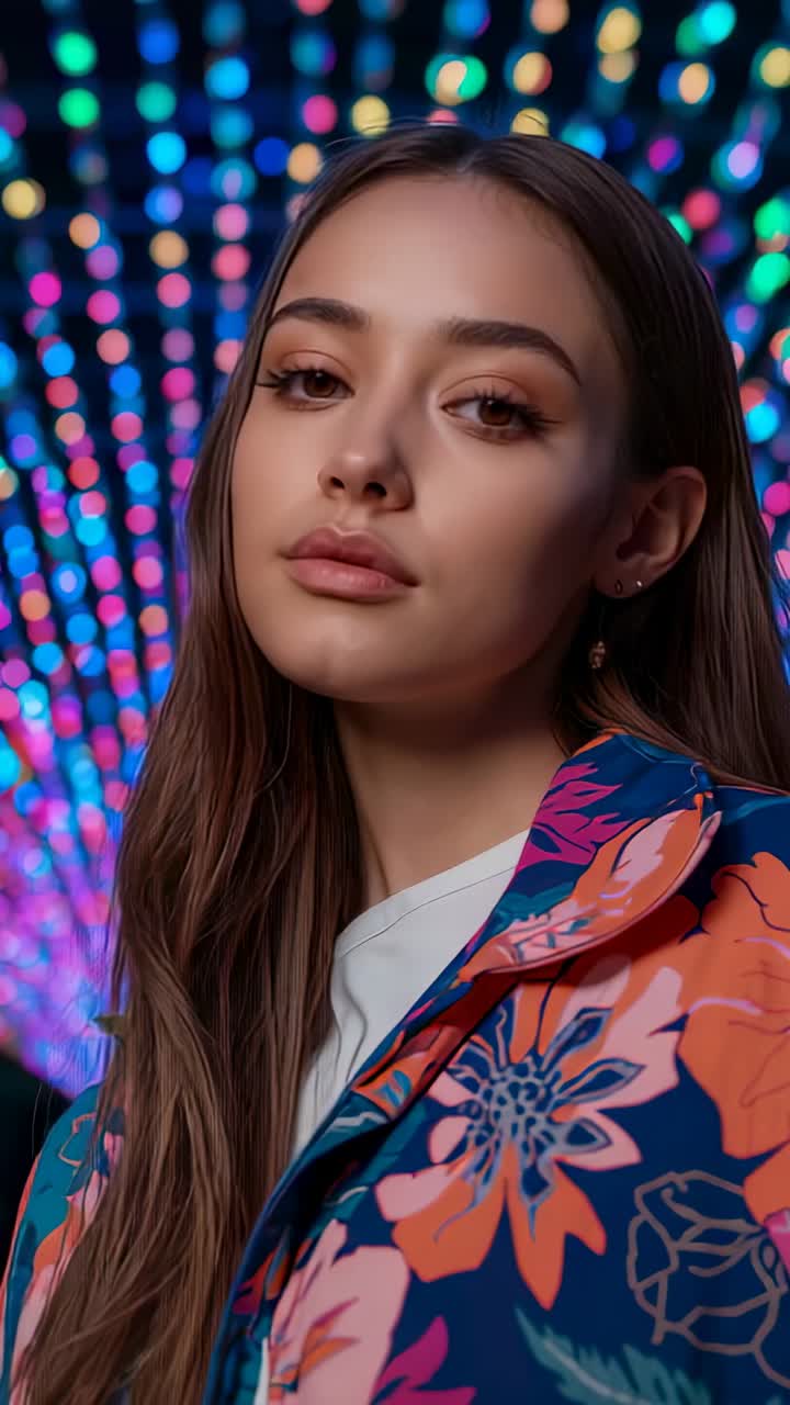 Vertical video: Tilting and blinking under LEDs powering on, female model posing in floral jacket