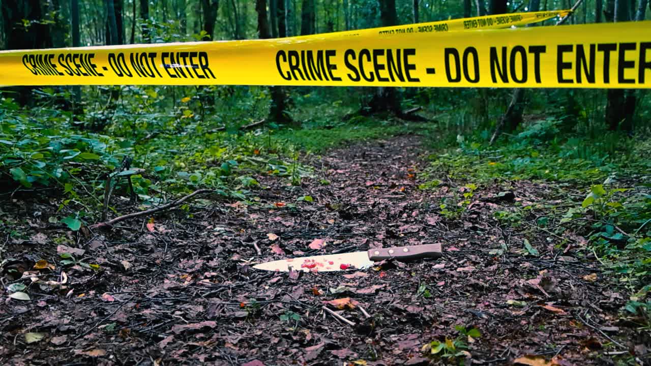 Low angle close up footage of a bloody red kitchen knife dumped and abandoned on a leafy brown hiking trail in a day time dark and damp forest with yellow crime scene police caution tape hanging above