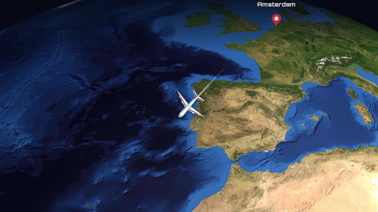 Satellite view animation follows a commercial airplane flying from Amsterdam to Sao Paulo across Earth