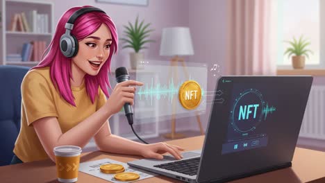 a young woman engages in digital content creation, focusing on nfts, while streaming and using advanced audio equipment in a cozy workspace