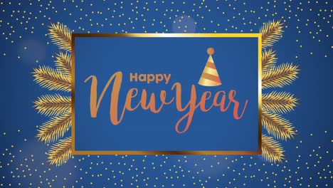 happy new year lettering card with leafs in square frame