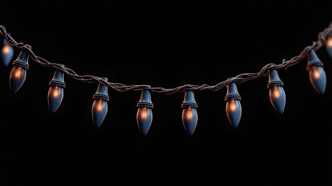 A Stunning Transformation of String Lights: From Dim Blue to Bright Yellow, This Video Captures the Enchanting Glow of Holiday Decor Against a Dark Background