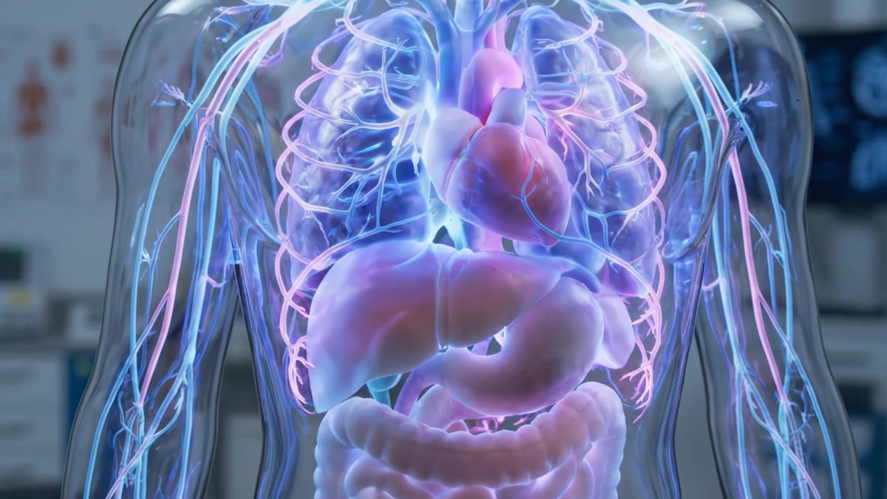 Full body medical hologram projected inside clean diagnostic examination room