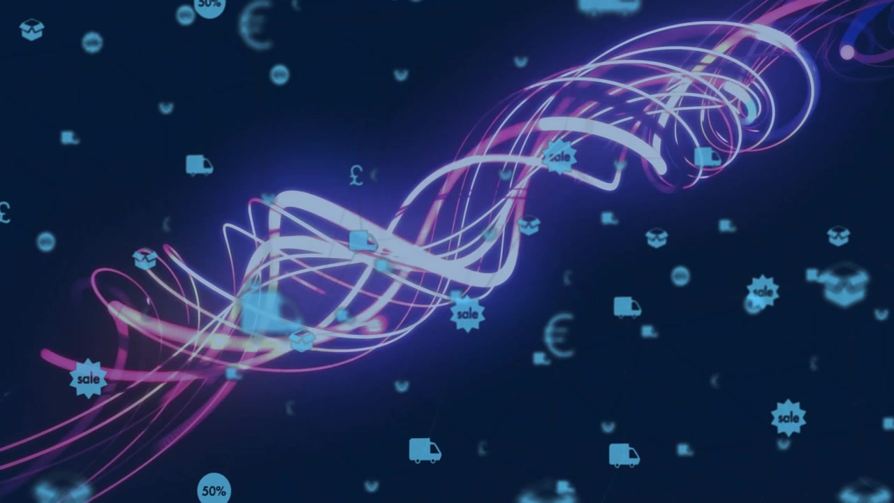 Swirling neon ribbon wave flowing across scene, interweaving sale tag, truck, box and network lines