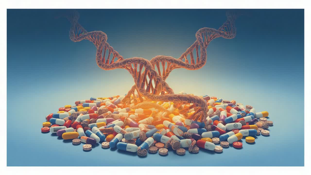 Faint glow revealing golden DNA helix rising from pile on tabletop, pills and capsules forming base