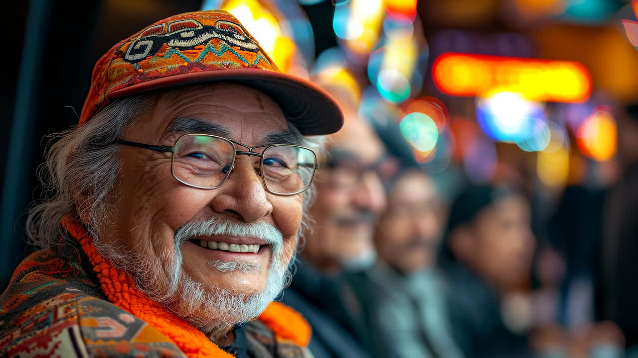Elderly man smiles warmly at event. An elderly man with glasses smiles brightly at a lively gathering filled with colorful lights and blurred figures