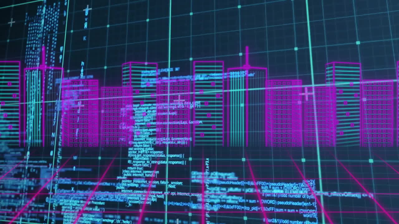 Animation of data processing over digital cityscape on black background