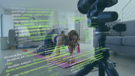 animación de procesamiento de datos sobre mujer caucásica haciendo video y haciendo ejercicio