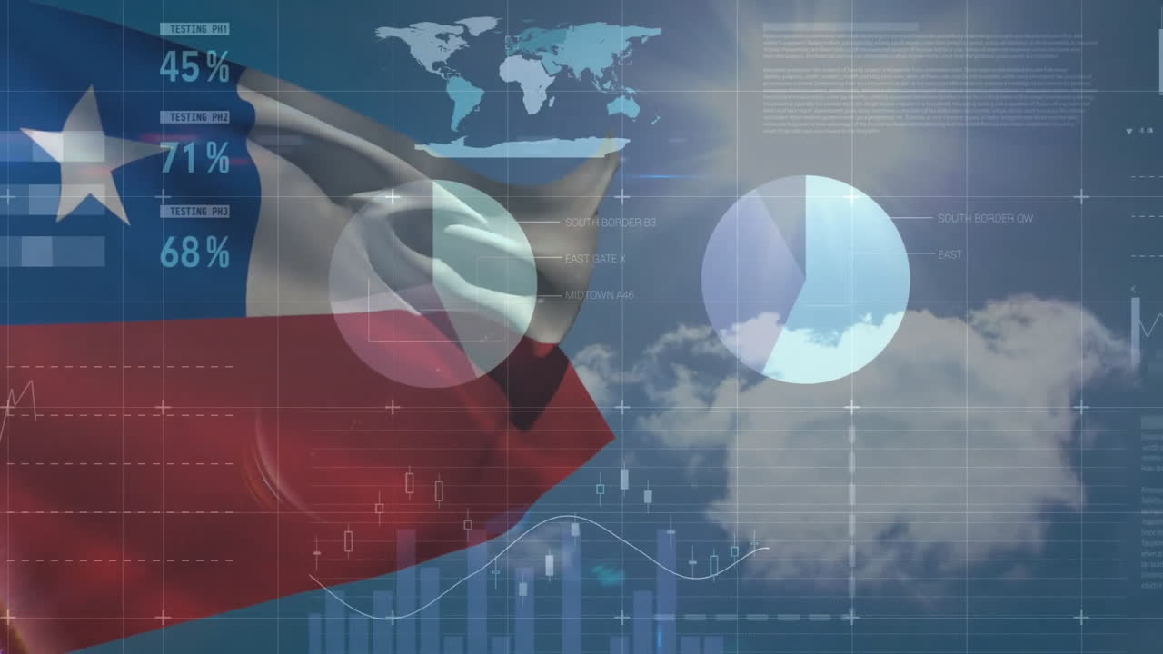 animación de estadísticas y procesamiento de datos financieros sobre bandera de chile