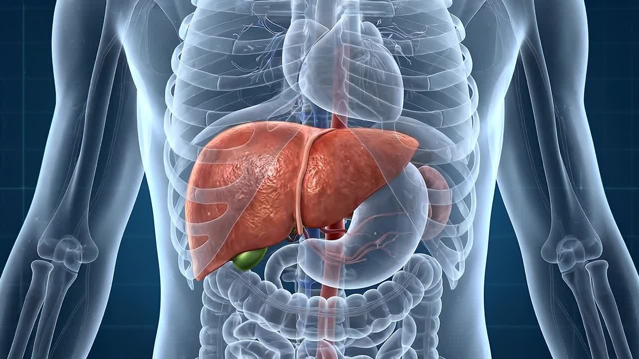 Transparent human torso showing detailed liver anatomy with surrounding organs in advanced medical visualization