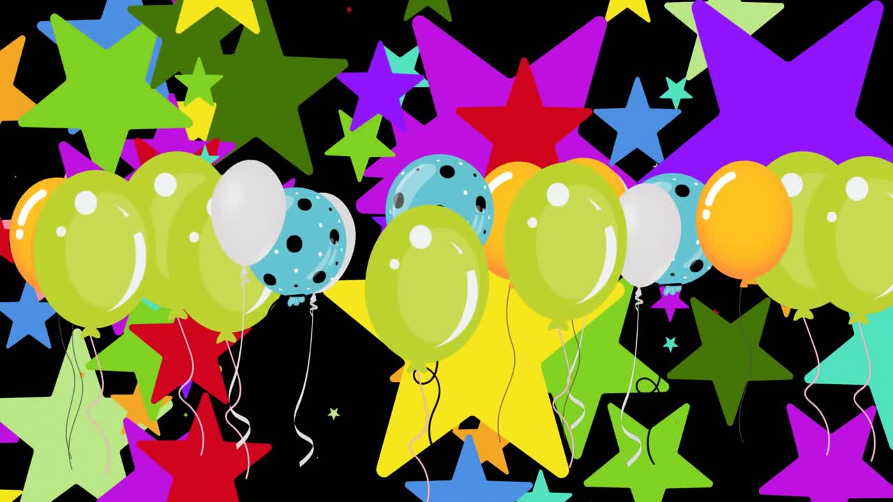 animación de estrellas y globos sobre fondo negro
