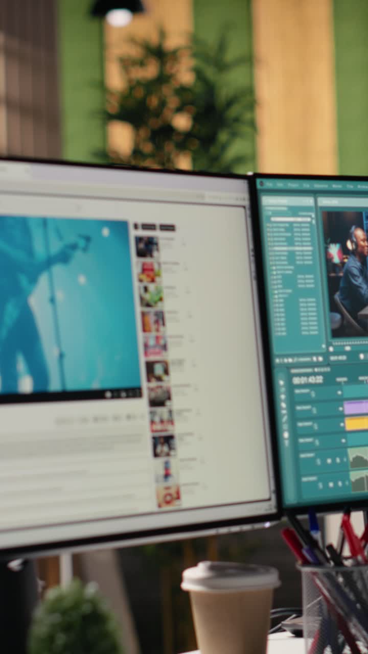Video verticale, software di editing video vuoto e piattaforma di streaming su doppio monitor
