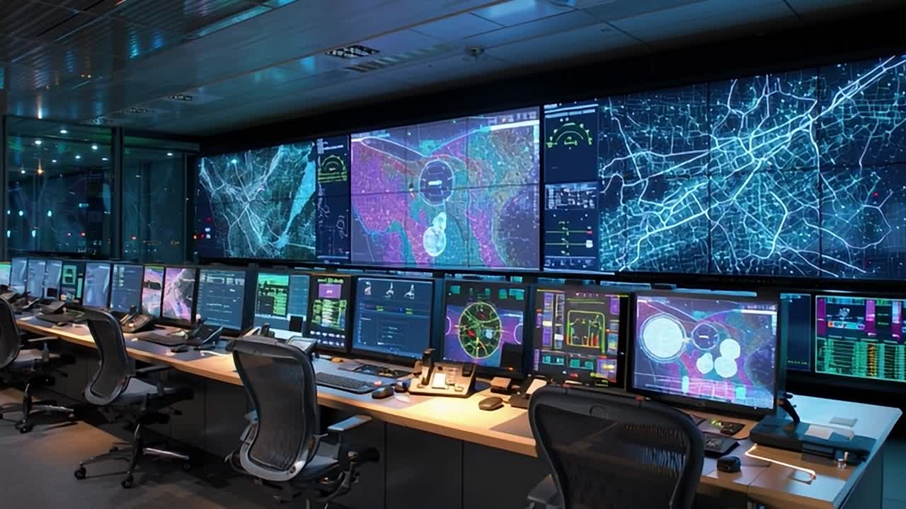 Sala di controllo con tecnologia avanzata per il monitoraggio della gestione del traffico.