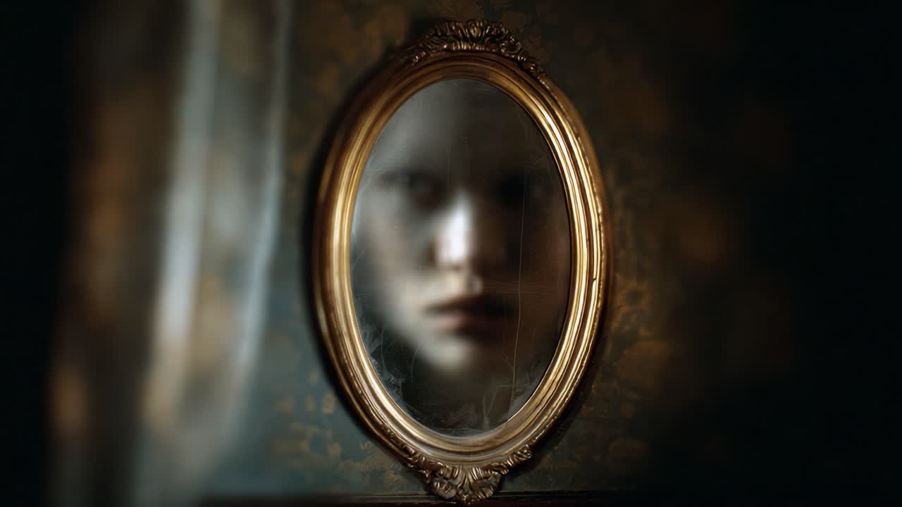 A Haunting Reflection: The Enigmatic Presence in the Vintage Mirror Captivates with Its Ethereal Quality and Mysterious Aura, Leaving an Indelible Impression