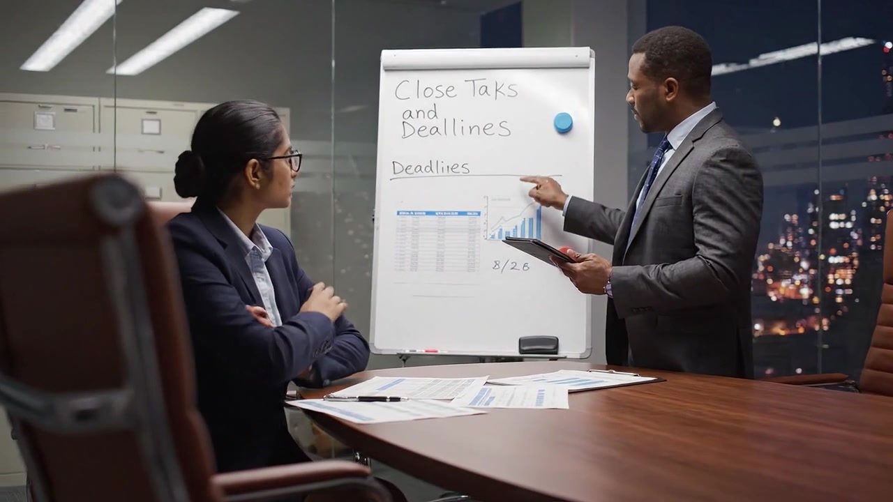 A Professional Meeting in a Modern Office Setting Focused on Close Talks and Deadlines, Highlighting Team Collaboration and Business Objectives.